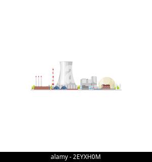 Energy power plant, nuclear turbine and electric industry factory, vector flat building. Power plant or electricity generator station icon, nuclear or Stock Vector