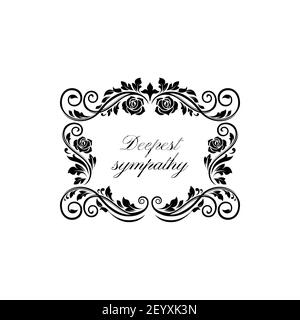 Funerary condolence memory inscription, branches, flowers and leaves with deepest sympathy lettering isolated. Vector memorial text on tombstone mocku Stock Vector