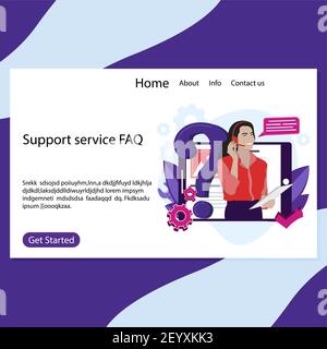 Support service FAQ landing page, operator call center. Vector helpdesk and support professional online assistance info, search faq for customer illus Stock Vector