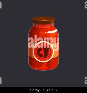 Homemade tomato sauce in glass jar isolated preserved food. Vector red juice, canned tomato jam with pepper and garlic in jar. Marinated mashed tomato Stock Vector