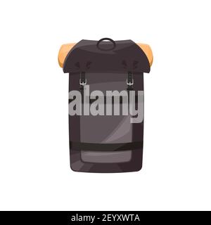 Backpack vector icon, hiking rucksack, cartoon touristic camping knapsack equipment of black color with mat and belts isolated on white background. Sp Stock Vector