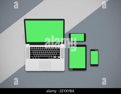 Responsive mockup of a laptop, digital tablet and smart phone. Stock Photo