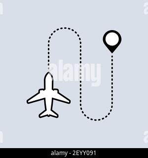 The plane flies icon. Map pointer. Trip concept. Vector on isolated background. EPS 10. Stock Vector