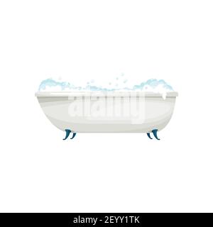Bathtub with foam, bathroom equipment isolated cartoon icon. Vector toilet hygiene object, realistic soapy bathtub with froth and soap. Bath-tub for b Stock Vector