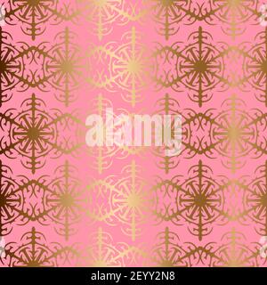 Golden snowflakes seamless vector pattern. Abstract pastel pink background Stock Vector