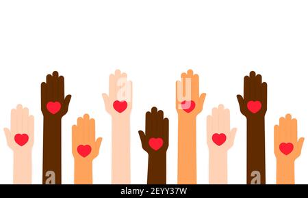 Raised up human hands with red hearts illustration. Volunteering, donating and charity concept. Vector on isolated white background. EPS 10. Stock Vector