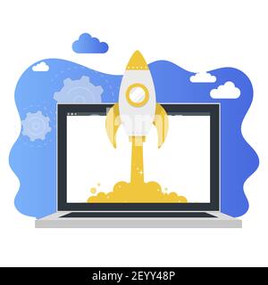 Launch rocket from laptop, business startup concept. Innovation project, spaceship form keyboard, spacecraft and rocketship takeoff. Vector illustrati Stock Vector