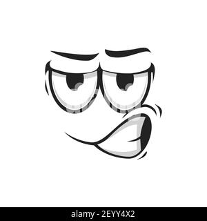 Distrustful emoji with big eyes, doubtful questioned smile isolated icon. Vector suspicious emoticon facial expression, distrusted mood. Questionable Stock Vector