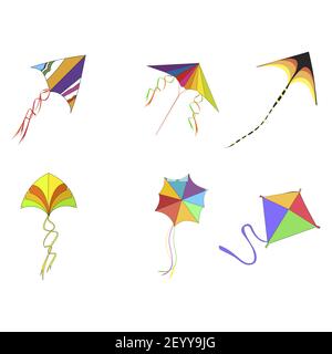 Flying kites with rope and colored pattern to playing kids or celebrating makar sankranti, outdoor activity in childhood, vector illustration Stock Vector