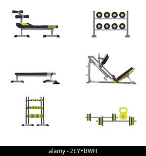 Sport equipments for gym collection. Equipment sport object for athletic, workout and fitness exercise, iron for bodybuilding. Vector illustration Stock Vector