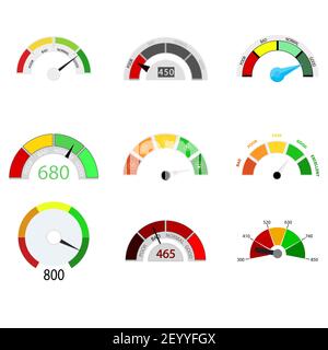 Credit rate indicator collection. Vector rating finance measure, dashboard panel equipment, mortgage application level, meter to bank credit illustrat Stock Vector