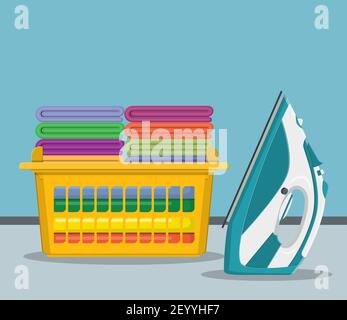 Plastic basket with bright towels Stock Vector