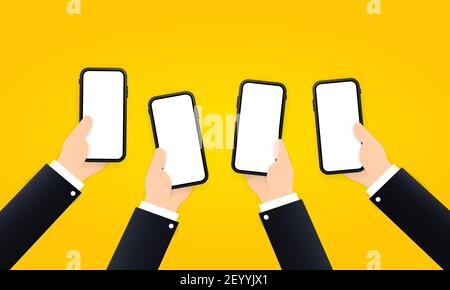 Hands holdings smartphones in hands illustration. Blank screen. Vector on isolated background. EPS 10. Stock Vector