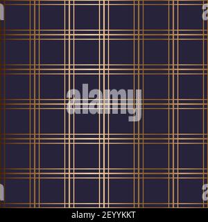 Abstract vector geometric seamless golden pattern with horizontal, vertical crossed stripes. Blue background. Stock Vector