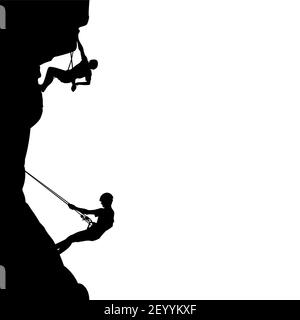 People climb on rock, black silhouette. Rock climber support partner on wall. Vector man climbing silhouette, activity and motivation on rock, sport e Stock Vector