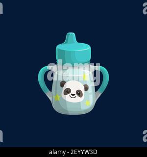Baby cup bottle with panda bear print isolated icon. Vector baby sipper reservoir, translucent drinking bowl with milk, water or juice and two handles Stock Vector