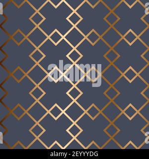 Abstract vector geometric seamless golden pattern with rhombus, rectangles. Blue background. Stock Vector