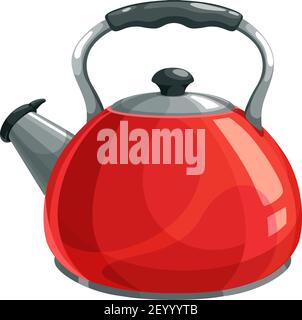Stovetop whistling kettle isolated kitchenware. Vector red aluminum tea pot, stove top water boiling object, tea and coffee glossy container. Metal te Stock Vector
