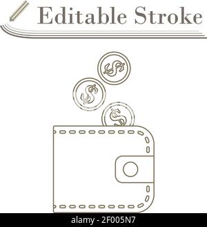 Golden Coins Fall In Purse Icon. Editable Stroke Simple Design. Vector Illustration. Stock Vector