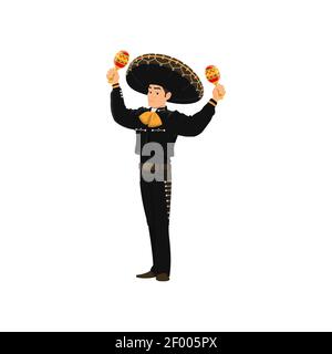 Brazilian man in national costume and sombrero hat playing on maracas musical instrument isolated band musician. Vector mariachi mexican musician, car Stock Vector