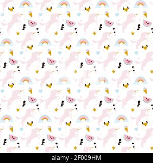 Seamless pattern with unicorns, clouds,stars, diamond, ice cream. Vector background illustration Stock Vector