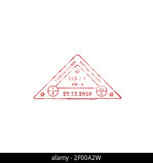 Vintage triangular stamp with data and time of delivery. Vector grunge triangle, post or airmail stamp isolated icon. Correspondence control symbol, t Stock Vector