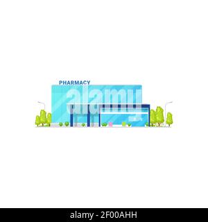 Pharmacy building isolated drugstore facade icon. Vector exterior of medical shop selling medications, storefront with street lamps and trees. Drug st Stock Vector
