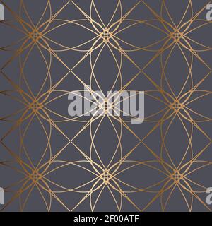 Abstract vector geometric seamless golden pattern. Blue turquoise background. Stock Vector