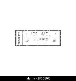 Priority airmail sign isolated monochrome stamp. Vector rectangular mark with date, air mail delivery service sign. Postmark on correspondence, docume Stock Vector