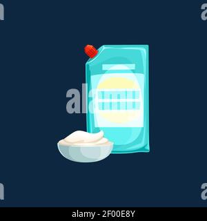 Plastic pouch stand up bag with cover, bowl of sour cream isolated realistic icon. Vector doy-pack with corner batcher lid. Spouted pouch with mayonai Stock Vector