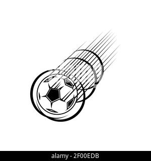 Fast moving soccer ball isolated monochrome icon. Vector football ball flying with goal kick trace, sport club mascot. College or university tournamen Stock Vector