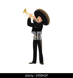 Mariachi mexican musician playing on trumpet isolated man in national costume. Vector latino music band character in sombrero hat, black jacket and tr Stock Vector
