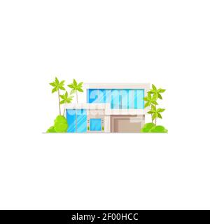 Expensive house with glass panoramic windows, residential cottage with palm trees isolated icon. Vector contemporary apartment with garage, beach reso Stock Vector
