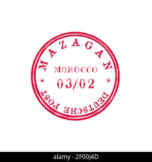 El Jadida Mazagan port city on Atlantic coast of Morocco post stamp template. Vector ink rubber seal print with date, red emblem of postal express del Stock Vector