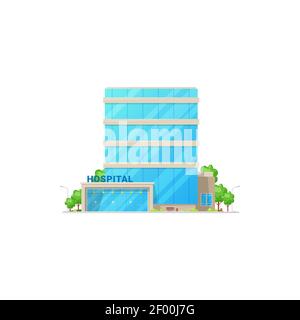Glass building of hospital isolated city infrastructure house. Vector front view of medical center, place where doctors work. Healthcare and ambulance Stock Vector