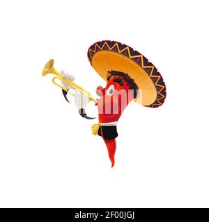 Mexican red chili pepper mariachi character in sombrero playing on trumpet. Vector mariachi musician, jalapeno Mexican holiday celebration character. Stock Vector
