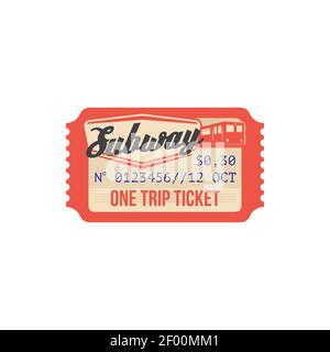 Subway one trip ticket isolated retro mockup. Vector admit one to fast express train in underground, mention of price and date. Railroad transport adm Stock Vector