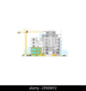 Construction site of modern building isolated house and crane. Vector urban build, industrial materials, building of commercial project, warehouse or Stock Vector