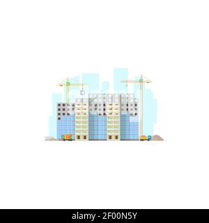 Multistory building, cranes lifting blocks, machinery transport concrete mixer and truck with sand isolated. Vector real estate house or business cent Stock Vector