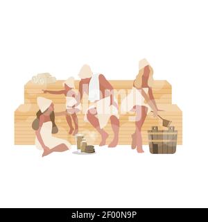 Family rest in sauna, health and relax. Comfortable bathing steam, people in bathroom, sauna spa therapy, bathhouse treatment to skincare, vector illu Stock Vector