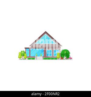 Country villa with panoramic windows, entrance door and mansard roof isolated contemporary dwelling place. Vector suburb mansion, real estate building Stock Vector