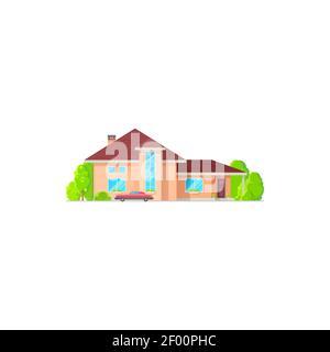 Town cottage, family mansion with chimney on roof, green trees. Vector house in flat with retro car, entrance door and windows. Residential building o Stock Vector