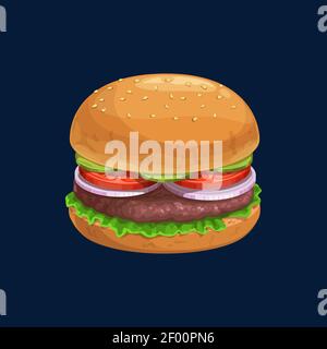 Realistic burger with fresh vegetables and chopped meat isolated icon. Vector fresh hamburger with cut cucumbers, tomatoes and onion, beef or chicken Stock Vector