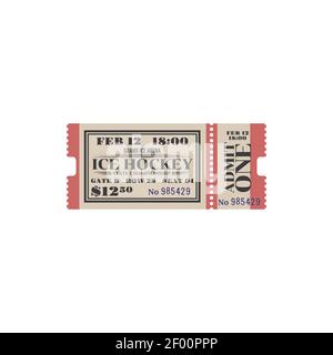 Retro ticket template on ice hockey championship, state tournament admits isolated invitation card. Vector grand ice arena admit one, price, date and Stock Vector