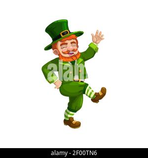Happy dancing leprechaun isolated cartoon character. Vector bearded celtic gnome in green suit Stock Vector