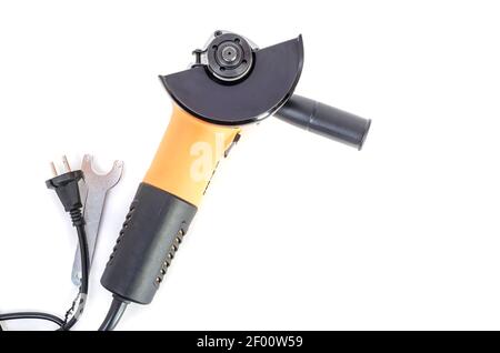 Angle grinder isolated on white background, for working with metal and wood Stock Photo