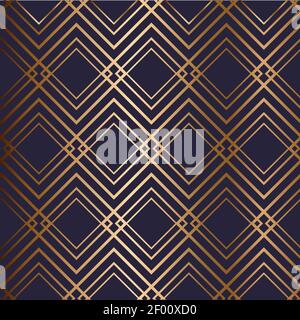 Abstract vector geometric seamless golden pattern with rhombus, rectangles, zigzags. Blue background. Stock Vector