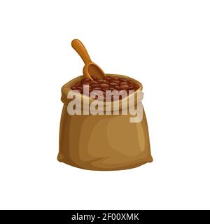 Cocoa beans sack or coffee beans bag, vector isolated icon of seeds and scoop spoon. Cacao beans in sack bag, chocolate dessert sweets, coca drinks an Stock Vector