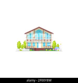 Modern cosy house with chimney and green trees isolated icon. Vector ...