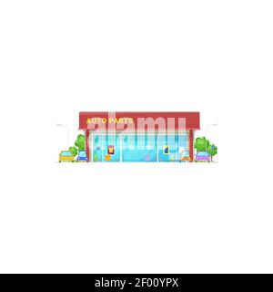City store selling auto parts isolated building icon. Vector auto electronics appliances store, vehicle spare parts service center. Urban store sellin Stock Vector